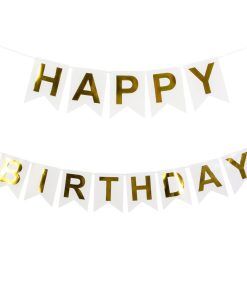 Vimpel - Happy Birthday - Vit/Guld - Vimplar till kalas, Kalasdekorationer
