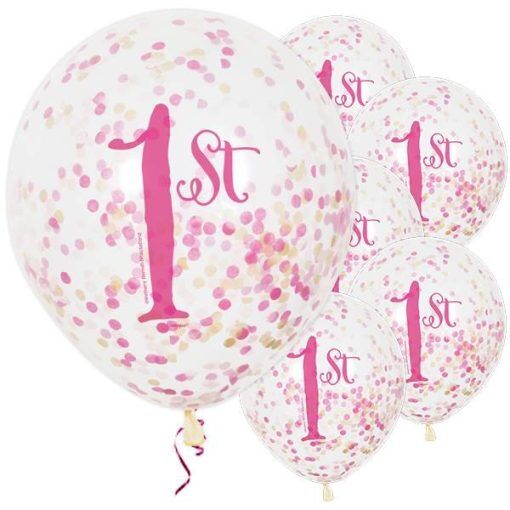 Konfettiballonger - 1st Birthday - Rosa - 6-pack - Konfettiballonger, Ballonger