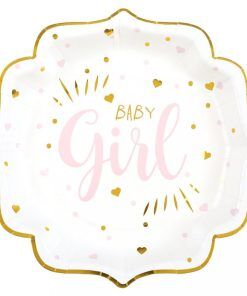 Papptallrikar - Baby Girl - Rosa/Guld - 10-pack - Papptallrikar till Baby Shower, Baby Shower-dukning, Baby Shower
