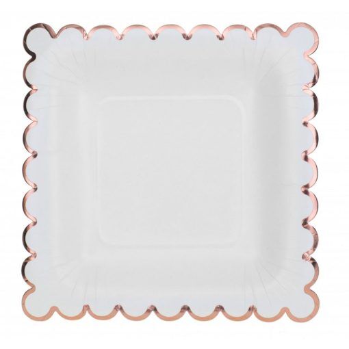 Papptallrikar - Fyrkantiga - Vit/Roseguldig kant - 10-pack - Papptallrikar, Dukning
