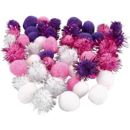 Pompomer - lila/rosa/vit - Dia. 15+20 mm - 48 st - Pom Poms, Kalasdekorationer