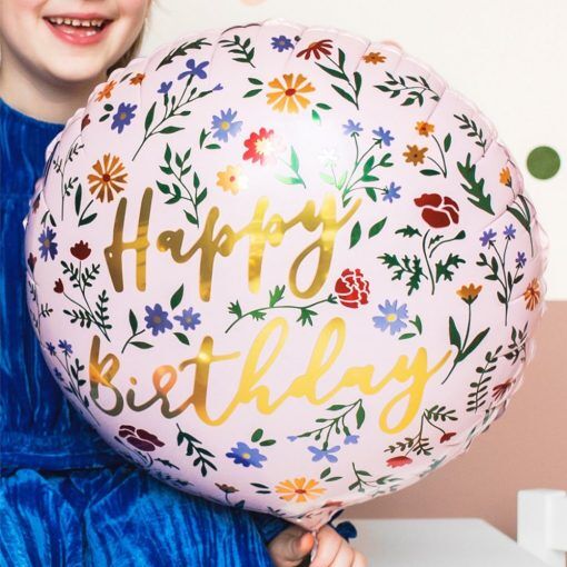 Folieballong - Happy Birthday - Rosa med blommor - Kalasballonger