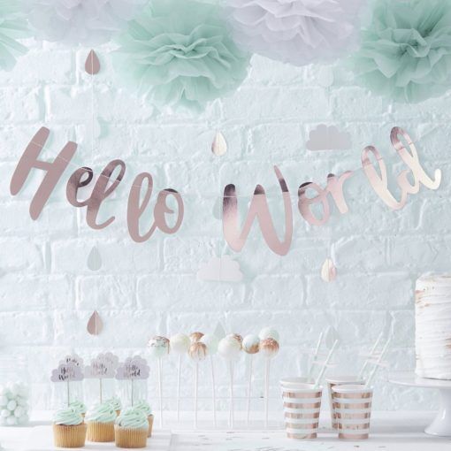 Backdrop - Hello World - Vimplar till Baby Shower, Baby Shower-dekorationer, Baby Shower