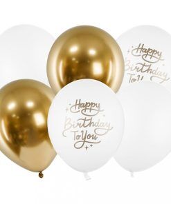Ballongbukett - Happy Birthday - Vit/Guld - 6-pack - Ballonger med tryck, Ballonger