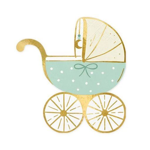 Servetter - Barnvagn - Mint/Guld - 20-pack - Servetter till dop, Dopdukning