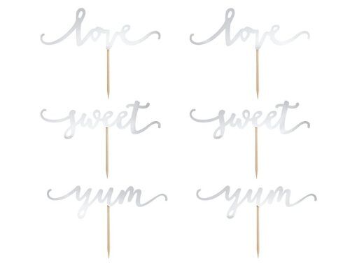 Cake Picks - Love Sweet Yum - Silver - 6-pack - Cake Picks