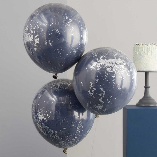 Stora konfettiballonger - Dubbelskiktat - Navy/Silver - 3-pack - Konfettiballonger, Ballonger