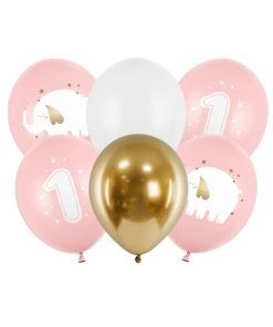Ballongbukett - 1st Birthday - Elefant/Rosa - 6-pack - Ballonger med tryck, Ballonger