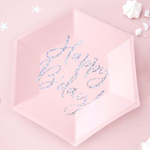 Desserttallrikar - Happy B-day - Rosa/Iridescent - 6-pack - Papptallrikar till kalas