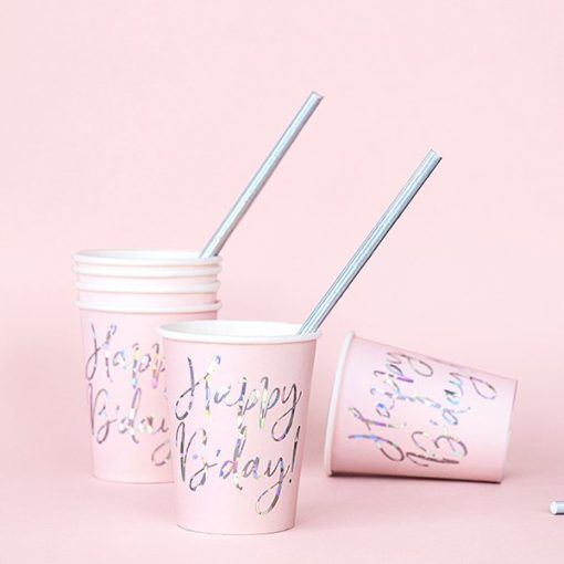 Pappmuggar - Happy B-day - Rosa/Iridescent - 6-pack - Pappmuggar till kalas