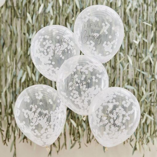 Konfettiballonger - Hey Baby - Botanical Baby - 5-pack - Baby Shower-dekorationer, Baby Shower