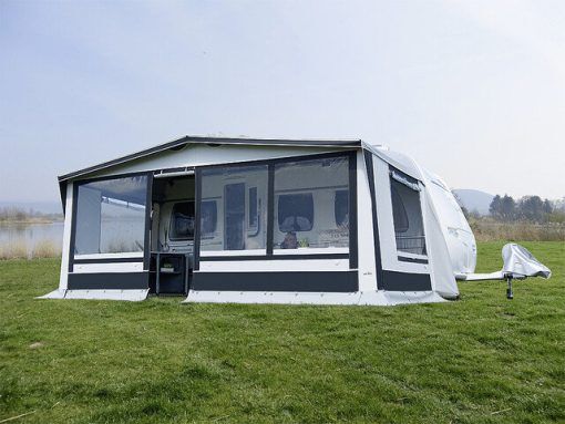 Reisevorzelt Wigo Wied Gr. 5  25 mm Stahlgestänge Umlaufmaß 841 - 875 cm Farbe grau / anthrazit / weiß