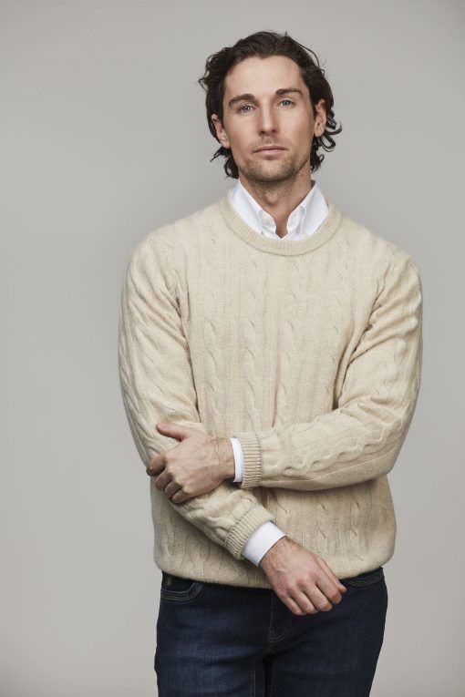 Kabelstickad tröja, Pure Cashmere Crew Cable Knit, Sand, XXL, Hansen & Jacob - XXL