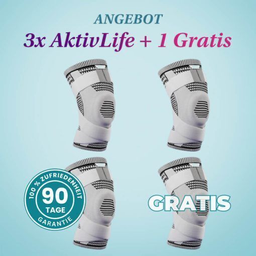 Norelie Aktivlife Kompressions-Kniebandage bei Knieschmerzen und Arthrose Schmerzen - die beste Bandage gegen Knieschmerzen & Verletzungen am Knie, L - 65-80 kg / 3x AktivLife + 1 Gratis